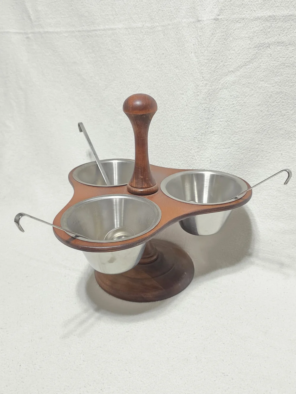 Ma Leck Wood and Stainless Steel 3-Bowl Condiment Server MCM USA